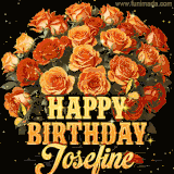 Animated bouquet of orange roses with moving butterfles and golden 'Happy Birthday Josefine' text, surrounded by sparkling accents and a dark backdrop for a luxurious feel.