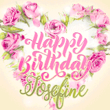 A stunning heart made of pink roses surrounds the elegant script text 'Happy Birthday Josefine' on a soft beige background. Animated sparkles add a magical and festive feel.