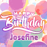 A vibrant name GIF featuring colorful balloons in shades of pink, orange, and yellow with the bold text 'Happy Birthday Josefine' in festive fonts, creating a lively birthday vibe.