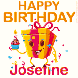 A vibrant and funny gift box character with a happy face dancing with a cupcake and the text 'Happy Birthday Josefine,' surrounded by animated confetti and party vibes.