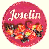 Beautifully decorated red velvet berry birthday cake with vibrant fruits and a glowing 'Joselin' name, adding a touch of sweetness and sparkle.