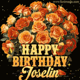 Animated bouquet of orange roses with moving butterfles and golden 'Happy Birthday Joselin' text, surrounded by sparkling accents and a dark backdrop for a luxurious feel.