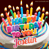 A colorful birthday cake topped with lit candles, with the words 'Happy Birthday Joselin' in bold glowing letters on a burgundy background. Animated flames add a festive touch.