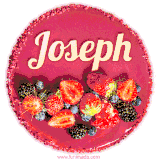 Beautifully decorated red velvet berry birthday cake with vibrant fruits and a glowing 'Joseph' name, adding a touch of sweetness and sparkle.