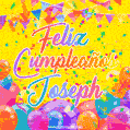 A bright and festive GIF with the text 'Feliz Cumpleaños Joseph' in Spanish in colorful fonts, surrounded by confetti, balloons, and festive banners on a vibrant yellow background.
