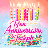 A white birthday cake covered in colorful sprinkles, topped with bright candles, and French text 'Bon Anniversaire Joseph' on a pastel gradient background in an animated GIF.