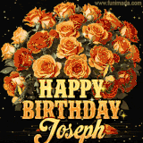 Animated bouquet of orange roses with moving butterfles and golden 'Happy Birthday Joseph' text, surrounded by sparkling accents and a dark backdrop for a luxurious feel.