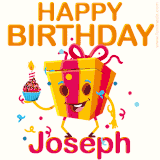 A vibrant and funny gift box character with a happy face dancing with a cupcake and the text 'Happy Birthday Joseph,' surrounded by animated confetti and party vibes.