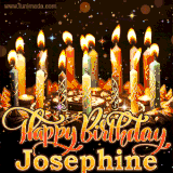 A glowing personalized birthday GIF with name Josephine featuring lit candles with intricate designs, warm lighting, and the text 'Happy Birthday' in an elegant font.