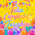 A bright and festive GIF with the text 'Feliz Cumpleaños Josephine' in Spanish in colorful fonts, surrounded by confetti, balloons, and festive banners on a vibrant yellow background.