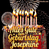 A chocolate birthday cake with glowing candles, the German text 'Alles Gute zum Geburtstag Josephine,' and vibrant fireworks lighting up the background in an animated GIF.