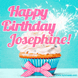A festive cupcake with pink icing, a gingham bow, and a lit animated sparkler, paired with 'Happy Birthday Josephine!' in bright pink text.