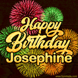 Golden text reading 'Happy Birthday Josephine' surrounded by vibrant fireworks in red, green, and yellow, set against a dark background in this celebratory birthday GIF.