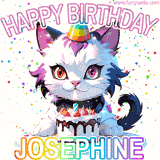 Adorable party-themed animated cat next to a lit birthday cake with text that says 'Happy Birthday Josephine,' surrounded by colorful decorations and sparkles.