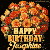 Animated bouquet of orange roses with moving butterfles and golden 'Happy Birthday Josephine' text, surrounded by sparkling accents and a dark backdrop for a luxurious feel.