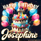 Bright birthday animation for Josephine with a chocolate cake, candles, balloons, and glowing celebratory lights.