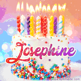 A cheerful white birthday cake with multicolor sprinkles, lit candles, and 'Josephine' written in vibrant letters, in an animated GIF.