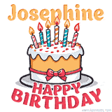 Cartoon birthday cake with a red bow, glowing candles, and 'Josephine Happy Birthday' text in bold animated style.