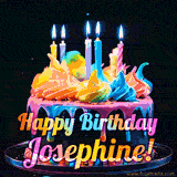 A mesmerizing animated cake with multicolor frosting and candles, and the words 'Happy Birthday Josephine' on the black background.