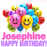 Animated colorful and joyful birthday balloons with cheerful smiles and a bright 'Happy Birthday Josephine!' message in pink and purple.