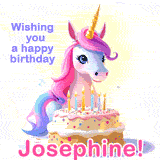 A cute moving unicorn with a birthday cake and candles, featuring 'Wishing you a happy birthday, Josephine!' in colorful text.