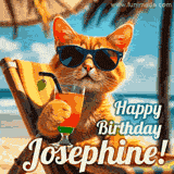 An animated orange cat wearing sunglasses, sitting on a beach chair with a tropical drink, with a festive 'Happy Birthday Josephine!' message.