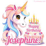 An adorable animated unicorn with soft pastel colors sits beside a birthday cake with glowing candles, and a pink 'Happy Birthday Josephine!' words.