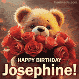 Cinematic style cute animated teddy bear with charming features holding a large bouquet of red roses, the words say 'Happy Birthday Josephine' in sans serif font.