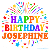 Happy Birthday Josephine' GIF with rainbow-colored letters, colorful stars, and fireworks on white background.