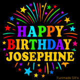 Personalized greeting card with name, colorful text that says 'Happy Birthday Josephine' surrounded by animated fireworks and multicolor stars