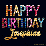 Vibrant luxury birthday greeting card for Josephine, showing glittering gemstone letters and golden calligraphy on a dark background with twinkling shine effects.