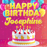 Pink-themed animated greeting with balloons, confetti, and a frosted cake under the message 'Happy Birthday Josephine' in bold rounded yellow font.