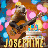 Animated birthday GIF showing a capybara playing guitar and singing beside a birthday cake with the name Josephine in large letters and colorful bokeh lights in the background.