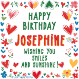 A colorful animated card for Josephine’s birthday featuring playful hearts, cheerful flowers, and a handwritten message wishing smiles and sunshine.