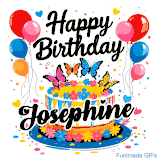 An animated birthday card for Josephine. It features a festive cake with her name, 'Josephine', and colorful butterflies. Floating balloons and hearts complete the joyful scene.