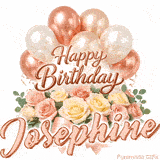 A bouquet of pastel roses and green leaves with Happy Birthday Josephine animation