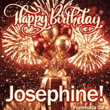 Exploding golden firework bursts in the background of a red gift box with a golden bow, customized with Josephines name.