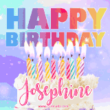 A vibrant animated name GIF with the words 'Happy Birthday Josephine' with colorful candles on a creamy cake. The background sparkles with pastel shades, adding a festive touch.