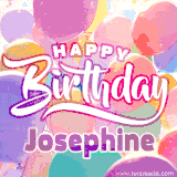 A vibrant name GIF featuring colorful balloons in shades of pink, orange, and yellow with the bold text 'Happy Birthday Josephine' in festive fonts, creating a lively birthday vibe.