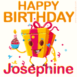 A vibrant and funny gift box character with a happy face dancing with a cupcake and the text 'Happy Birthday Josephine,' surrounded by animated confetti and party vibes.