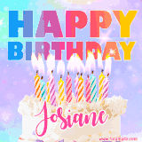 A vibrant animated name GIF with the words 'Happy Birthday Josiane' with colorful candles on a creamy cake. The background sparkles with pastel shades, adding a festive touch.