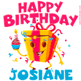 A vibrant and funny gift box character with a happy face dancing with a cupcake and the text 'Happy Birthday Josiane,' surrounded by animated confetti and party vibes.