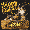 Celebrate Josie's birthday with a GIF featuring chocolate cake, a lit sparkler, and golden stars
