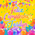 A bright and festive GIF with the text 'Feliz Cumpleaños Josilyn' in Spanish in colorful fonts, surrounded by confetti, balloons, and festive banners on a vibrant yellow background.