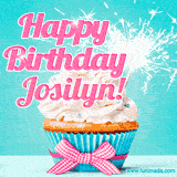 A festive cupcake with pink icing, a gingham bow, and a lit animated sparkler, paired with 'Happy Birthday Josilyn!' in bright pink text.