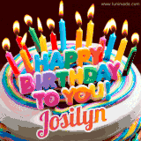 A colorful birthday cake topped with lit candles, with the words 'Happy Birthday Josilyn' in bold glowing letters on a burgundy background. Animated flames add a festive touch.