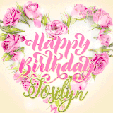A stunning heart made of pink roses surrounds the elegant script text 'Happy Birthday Josilyn' on a soft beige background. Animated sparkles add a magical and festive feel.
