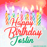 Bright birthday candles with rainbow flames on a cake, alongside the text 'Happy Birthday Joslin' in vibrant script in this celebratory animated GIF.