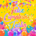 A bright and festive GIF with the text 'Feliz Cumpleaños Joslin' in Spanish in colorful fonts, surrounded by confetti, balloons, and festive banners on a vibrant yellow background.