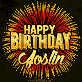 Golden 'Happy Birthday Joslin' text accompanied by animated rainbow fireworks for a festive animated greeting.